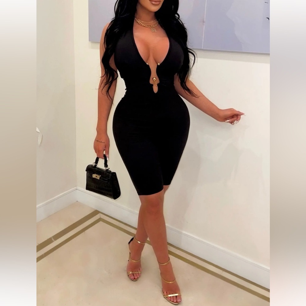 Plunging V-Neck Halter Romper